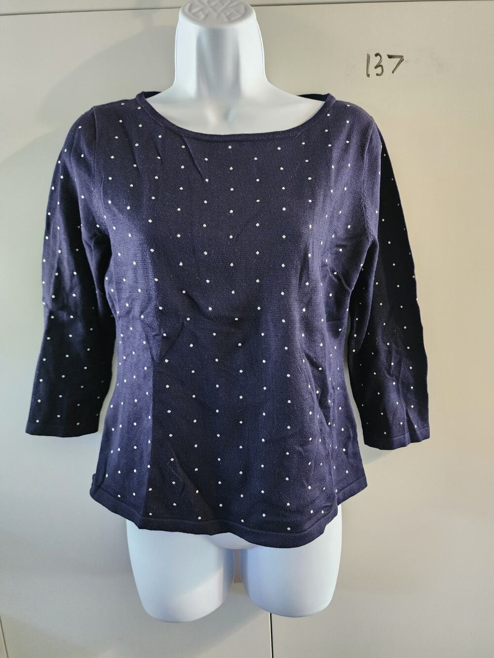Lauren Ralph Lauren Women Petite Small Navy Blue Silk Blend Polka Dot Sweater PS